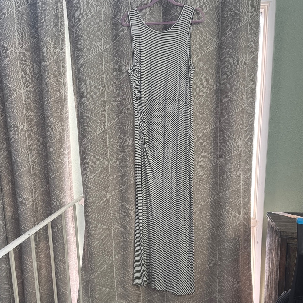Sleeveless Olive and White Striped Maxi Dress